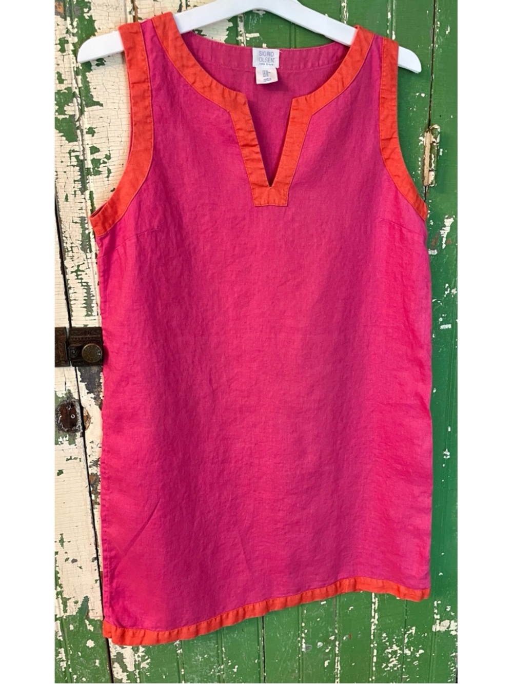 Sigrid Olsen Linen Dress Pink with Orange Trim Size Medium